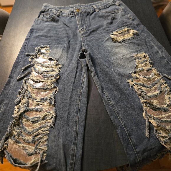 New Cool Distressed Ripped Sequin Wide Leg Jeans size L 30-31 - Picture 4 of 9